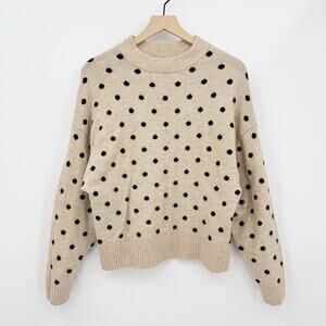 H&M Beige Black Polka Dot Knit Sweater Womens S Crewneck Long Sleeve Cozy Warm